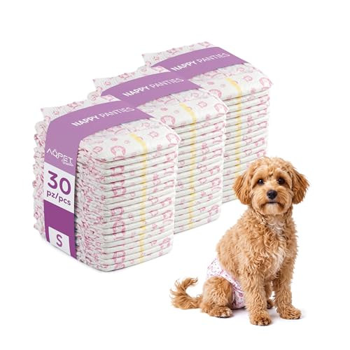 Aqpet Pannolini Igienici Mutanda Assorbente per Cani Femmine per Ciclo Incontinenza con Chiusura Adesiva Regolabile, Anti odore, Usa e getta, Taglia Small 370x275mm, Confezione da 30 Pezzi