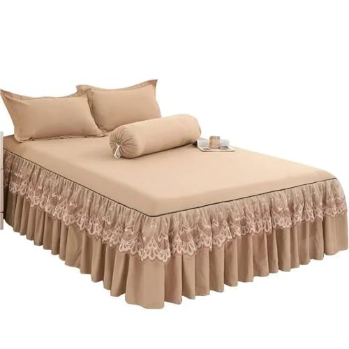 YGSGJSP Faldón de Cama Sábana con Falda de Encaje, Colcha Doble Ajustada elástica con Fundas de Almohada, Funda de colchón, Juego de Cama, Sábana elástica de tamaño King(Khaki,King)