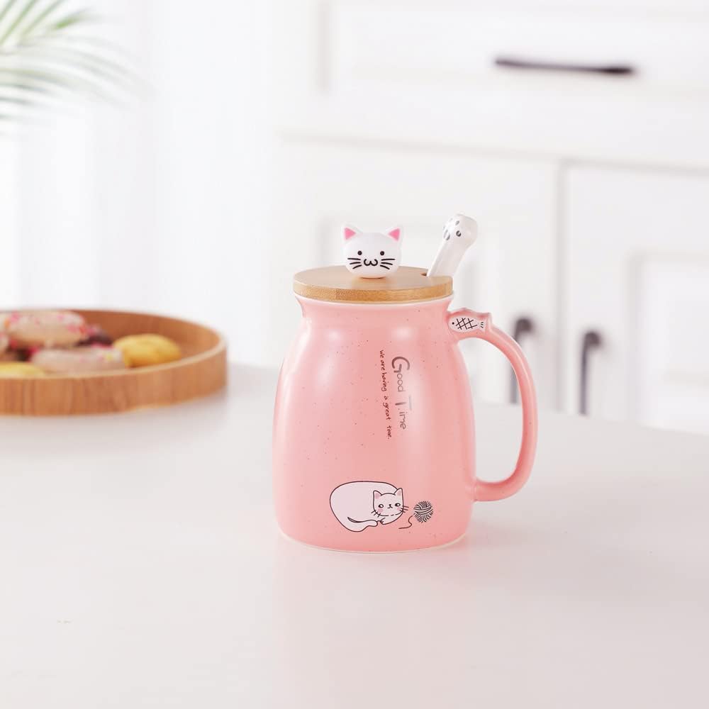 Wееklу Tор Sаlе Cat Mug Cute Ceramic Coffee Cup with Lovely Kitty Lid, Cat Paw Spoon,kawaii coaster,Novelty Morning Cup Tea Milk Christmas Mug 380ML