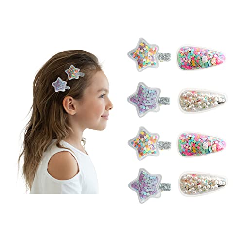 Summer Crystal Pearl and Sequin Alligator Hair Clips Hair Pins For Baby Girl Kid - Triangle and Star Style (8Pcs Sequins Pearl)