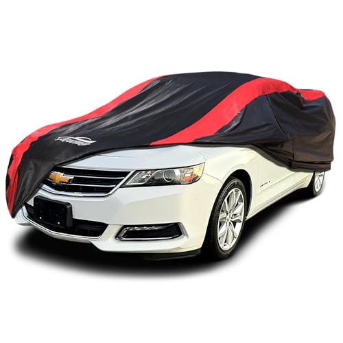 Image of Car Cover Custom Fit for Chevrolet Chevy Impala 2000-2020 | Red Strip Design, Cotton Liner for Paint Protection, Sun Rain Snow UV Proof, Door Zipper, Windproof Buckle, Storage Bag