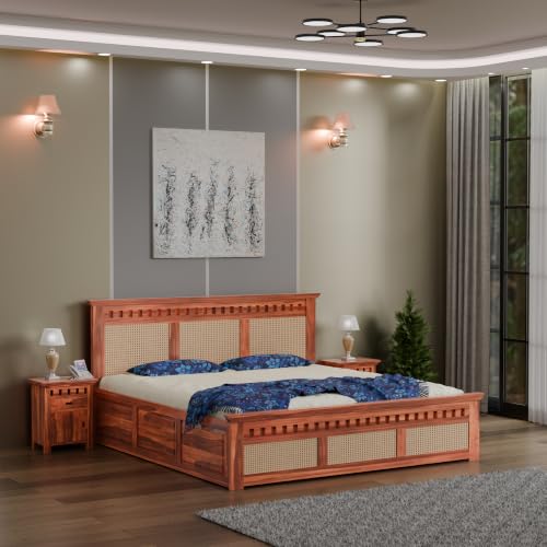 Image of Sheesham Wood King Size Bed with Storage Wooden Double Bed Cot Palang Furniture for Bedroom Living Room Home Hotel (Honey Finish) 1 Year Warranty