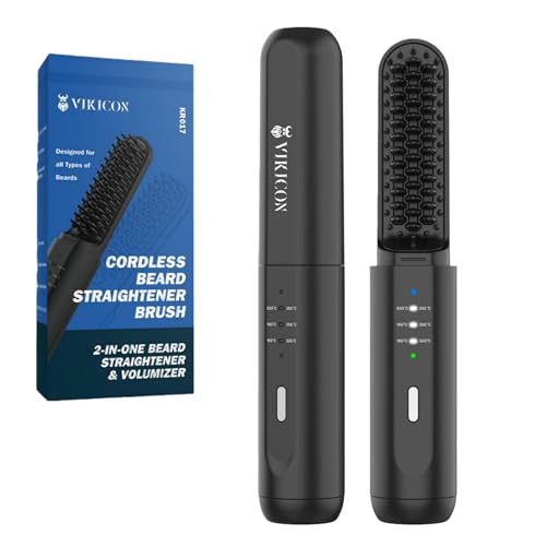 VIKICON Beard Straightener for Men 2-in-1 Cordless Heated Hair & Beard Straightening Brush Mini Anti-Scald Electric Comb w/3 Temp Setting Fast Heating Compact Grooming Tool for Home & Travel Black