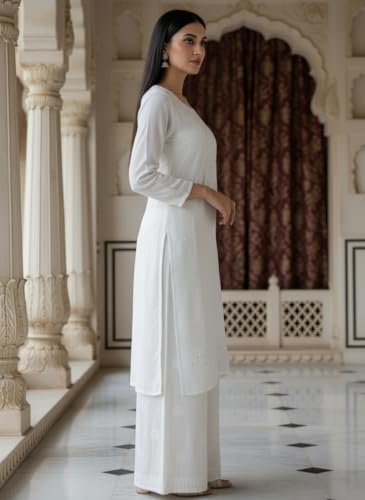 Image of Fashion Chikan Art Women's Lucknowi Premium Chanderi Silk Hand-Embroidered Chikankari Kurti & Palazzo Set | Elegant Festive & Casual Wear Ethnic Suit