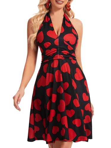 Image of Women's Festival Dress- Halter V Neck Sleeveless Ruffle Mini Dresses with Pocket