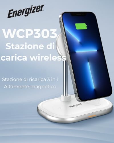 Energizer Stazione Di Ricarica Wireless 3 In 1 | 15W Per Iphone Magsafe E Android, 5W Per Airpods E Apple Watch | Caricatore Wireless Rapido Con Led, USB-C, Supporto Magnetico Regolabile - WCP303 - 2