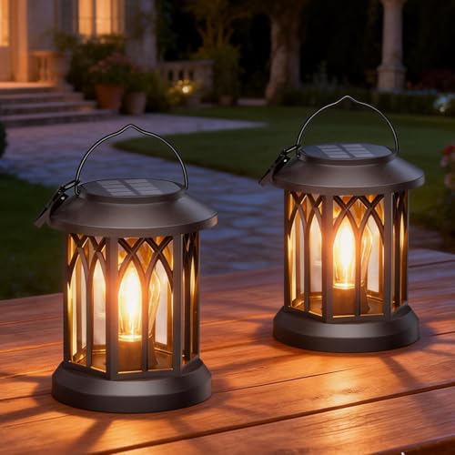 KOOPER Solar Lights Outdoor Garden 2 Pack Hanging Solar Lanterns with LED Bulds Waterproof Garden Ornaments Outdoor Lantern Lights for Decoration Yard Pathway Patio