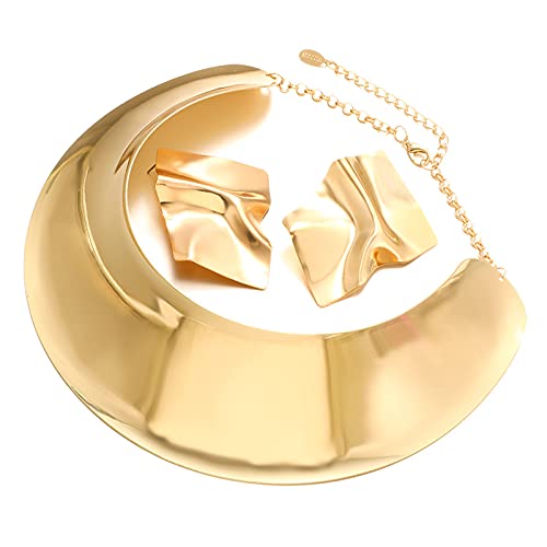 Punk Chunky African Choker Collar Necklace Drop Dangle Earrings Set 14K Gold Silver Plated Exaggerated Gothic Thick Statement Necklace for Women Girl Teen Hip Hop Jewelry Gift-A Gold