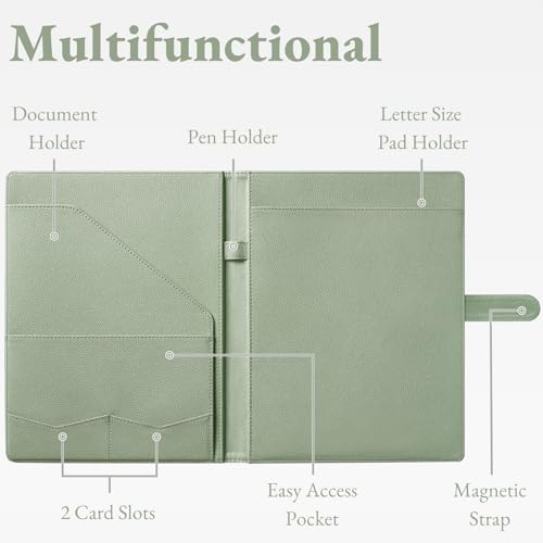 Image of Mymazn Padfolio Portfolio Folder, Faux Leather Interview Resume Folder with Document Organizer & Business Card Holder, Letter-Sized Notepad Legal Pad Holder for Men Women (Sage Green)