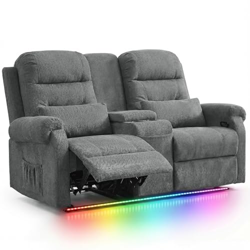 Image of RV Loveseat Recliner with Console, Reclining Loveseat Sofa, Manual Home Theater Seating with Pockets /Cup Holders for Living Room /RV Furniture (Stone Chenille + LED)