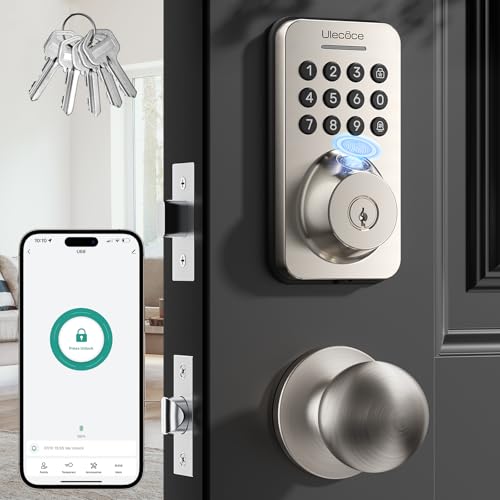 Image of Ulecoce Fingerprint Keypad Deadbolt with Handle Set, Keyless Entry Door Lock, Door Locks for Front Door Lock Set, App Control, Auto Locking, Easy to Install, Satin Nickel
