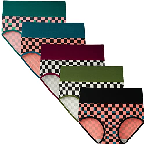 INNERSY Women's High Waisted Underwear Cotton Panties Regular & Plus Size 5-Pack(Chessboard,X-Large)