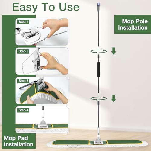 Image of 48 inch Commercial Dust Mop for Floor Cleaning with 2 Cotton Mop Pads | Heavy Duty Wet Dry Broom with 65 inch Metal Handle for Commercial Industrail Office Garage Warehouse Factory Mall /Green