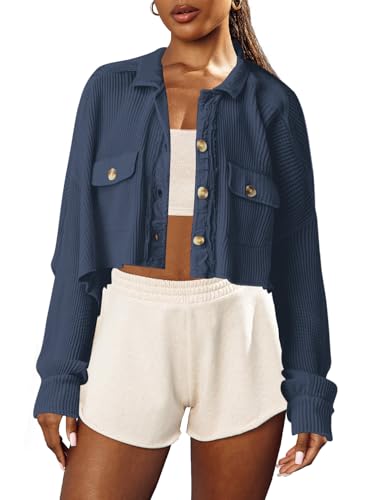 Image of Panadila Women's Cropped Waffle Knit Shacket Short Button Down Jacket Batwing Sleeve Shirts with Pocket