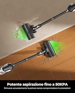 VACTechPro 550W/50Min/50KPA Aspirapolvere Senza Fili F02 Lite, Scopa Elettrica Senza Fili con Sistema di Filtraggio a 8 Strati, Aspirapolvere Senza Fili Potente per Pavimenti/Tappeti, Bianco E Nero