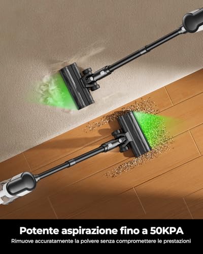 VACTechPro 550W/50Min/50KPA Aspirapolvere Senza Fili F02 Lite, Scopa Elettrica Senza Fili con Sistema di Filtraggio a 8 Strati, Aspirapolvere Senza Fili Potente per Pavimenti/Tappeti, Bianco E Nero