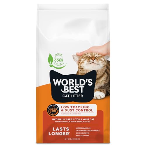 WORLD'S BEST CAT LITTER Low Tracking & Dust Control Multiple Cat Unscented 15-Pounds - Natural Ingredients, Quick Clumping, Flushable & Made in USA - Long-Lasting Odor Control & Easy Scooping