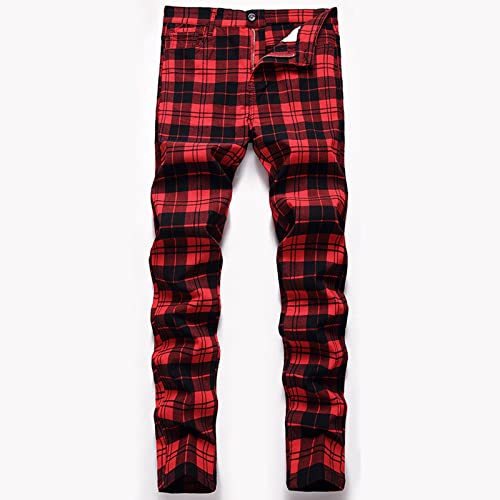 Work Pants for Men 2023 Skinny-Fit Cotton Plaid Printed Jean Trousers Fashion Casual Slim Fitting Denim Pant 20232