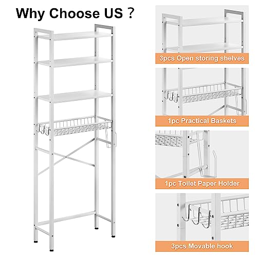 Over-The-Toilet Storage Rack, 4-Tier Bathroom Organizer Shelf Over Toilet with Adjustable Shelf and Basket, Freestanding Space Saver Bathroom Shelves Above Toilet for Room (Pure White) - Image 7