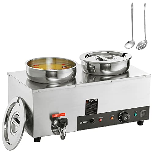 VEVOR Edelstahl Buffetwärmer Speisewärmer 1200 W, 2 x 8,1 L Buffetbehälter, φ180 x φ240 x 220 mm Jeder Suppentopf, inkl. Deckel & Ablaufhahn & Trockenbrennanzeige, für Kantine, Café, Restaurant usw.
