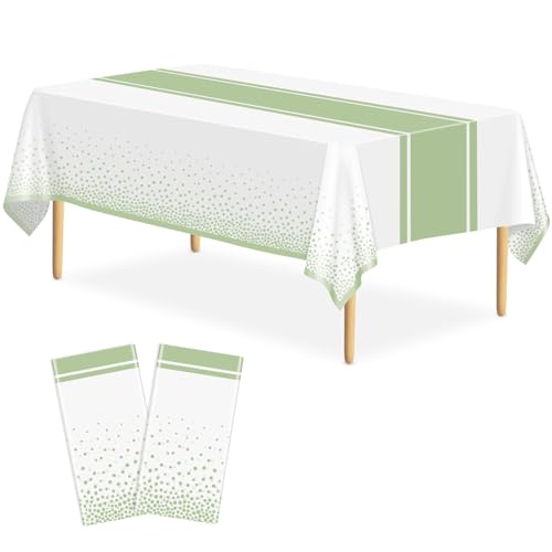 Image of 2 Pack White and Sage Green Tablecloth Party Decorations Plastic White Tablecloth Printed Sage Green Table Runner 54 x108 Inch Disposable Rectangle Table Cover for Birthday Wedding Graduation
