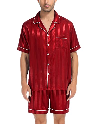 Image of SWOMOG Satin Matching Pajamas Sets Couple Silk Button Down Nightwear Women & Men Short Sleeve Sleepwear 2 Pieces Loungewear