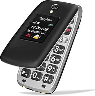 Easyfone Prime-A1 Pro 4G Unlocked Senior Flip Cell Phone, Easy-to-Use Big Button Hearing Aids Compatible Flip Mobile Phone with SOS Button, GPS and Charging Dock (Black)