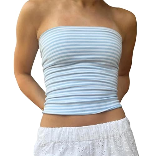 Väst toppar för kvinnor spetslinne vadderad väst toppar kvinnor axelbandslös randig bandeau tub toppar estetisk ärmlös rygglös magtank gå ut sommar flickor mode toppar, BLÅ, L