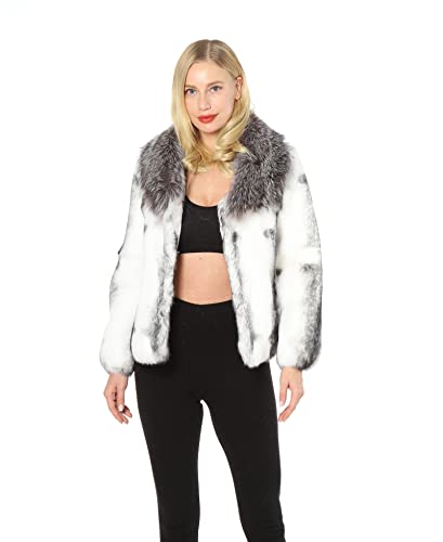 LVCOMEFF Women Real Rabbit Fur Coat with Genuine Fox Fur Collar Animal Print Furry Fluffy White Color?4