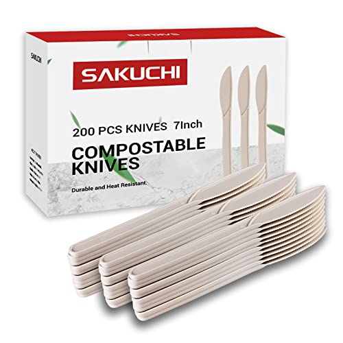SAKUCHI Disposable Fork Knife Set,Bio-degradable Disposable Plastic Utensils Set Heavy Duty for Party Supply Dating Outdoor Activities (Fork Knives Spoon Each100Pcs)…