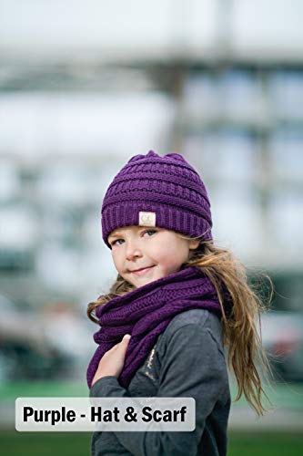 Kids Beanie & Scarf Bundle (Messy Bun): Solid Black #TOP2