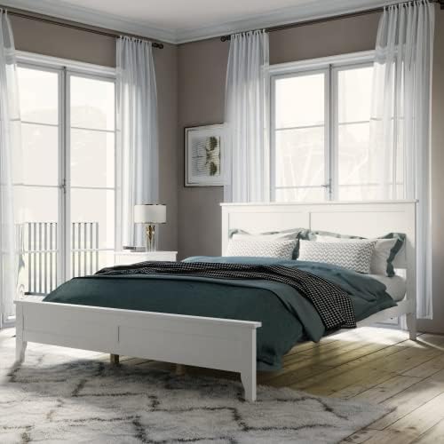 anwickjeff Base de cama tamaño Queen con cabecero y estribo, cama de plataforma de madera maciza blanca de estilo conciso moderno para niños,