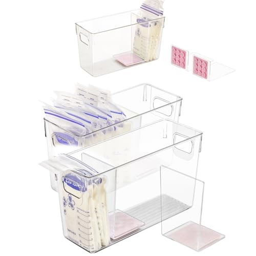 Image of Breastmilk Storage Container with L Shaped Separator Boards, Dividers Will Flatten Standing Breast Milk Bags in Organizer Bins Save Refrigerator Space | 2 Containers-Pink