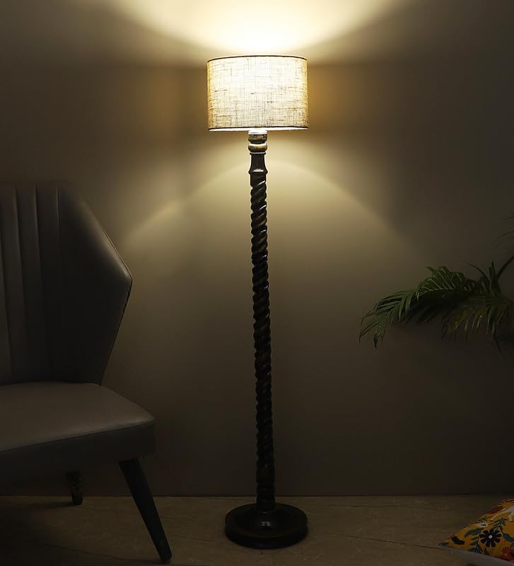 Image of tu casa Mango Wooden Floor Lamps with Spiral Base & Off-White Shade for Home Decor, Bedrooms Corner, Living Room, Gifting, Diwali Decoration, Office, Study Room (Height: - 56 inch) - Bulb not Included