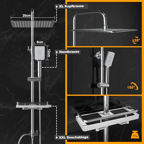 GöRbach Colonna Doccia Idromassaggio Acciaio Inox Senza Miscelatore Fori Muro Regolabili Cromo Asta Doccia Set Doccia A Pioggia Con Doccetta,Porta Ogetti Mensola E Soffione Doccia 30 * 30 Cm - 4