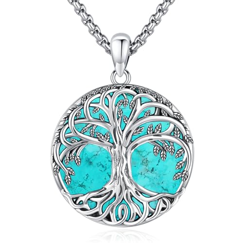 Turquoise Tree of Life Necklace for Women S925 Sterling Silver Turquoise Jewelry/Moon/Pentagram/Witch Knot/Lilith/Family Tree Pendant Anniversary Birthday Gift for Women