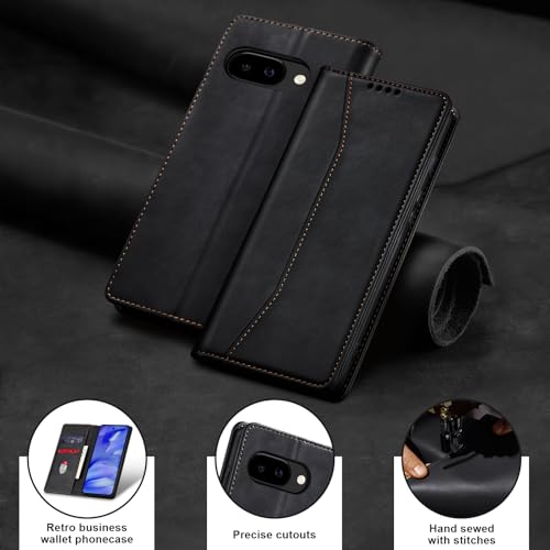 Image of Jasonyu Flip Wallet Case for Google Pixel 9A,Leather Magnetic Folio Cover with Card Holder,Kickstand - TPU Shockproof Durable Protective Phone Case,Black