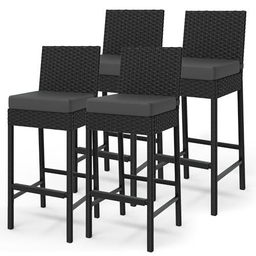 BonHaus Ensemble De 4 Tabourets De Bar d'Extérieur, Chaises De Bar en Rotin De 71 cm avec Coussins, Capacité De 181 kg, Tabourets De Bar De Patio pour îlot...
