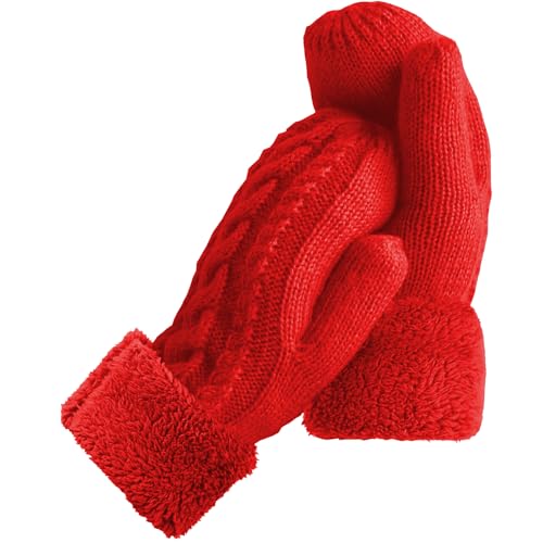 Image of AURUZA Mittens Women, Ladies Thick Fleece Lined Insulated Warm Knitted Winter Thermal Mittens Fingerless Womens Gloves Mittens (Red)