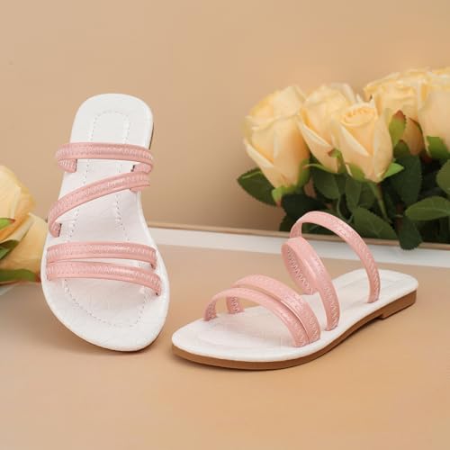Girls' Open Round Toe Summer Strappy Flats Sandals Cute Pink Strap Slip On Dress Sandal Flats Shoes for Girls (Toddler Little Kid Big Kid)3