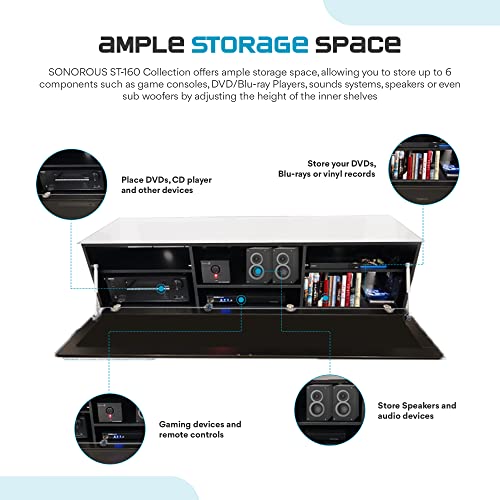 Sonorous St-160B Tv Stand - Modern Wood And Glass Tv Cabinet With 6 Shelves For Storage Accessories, Audio/Video Components & Consoles, With Hidden Wheels, Support Sizes Up To 75" - Black Wood Cover #TOP3