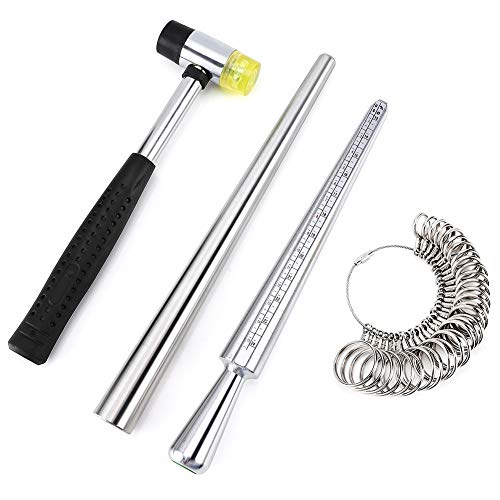 Accmor Ring Size Measuring Tool, Metal Ring Mandrel, Ring Sizer Guage, Rubber Jeweler's Mallet Hammer and Stick Wire Wrap Rings Tools, Ring Sizing Measurement Kit for Jewelry Making