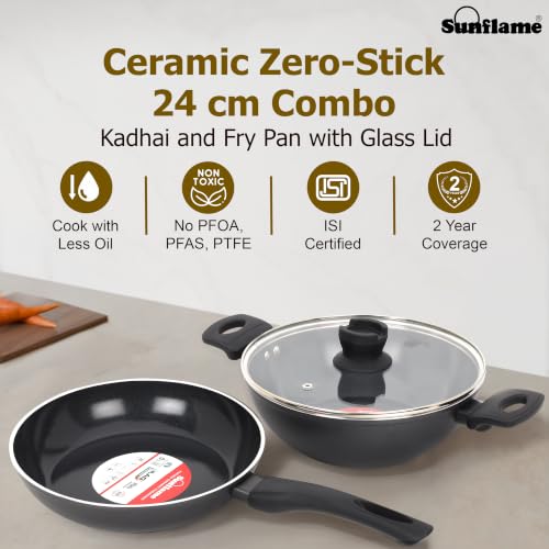 Image of Sunflame 3 Pcs Ceramic Non-Stick Cookware Combo | Kadhai 24 cm, Fry Pan 24 cm, Glass Lid | No PFOA, PFAS, PTFE | Induction and Gas Stove Compatible | 2 Year Warranty by Sunflame