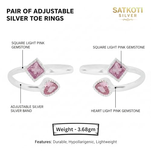 Image of SATKOTI 925 Silver Toe Rings for Women | Adjustable Pure Metal Bichiya with AAA Quality CZ Stone| BIS Hallmarked Jewelry with Authenticity Certificate | Pair of 2 Metti