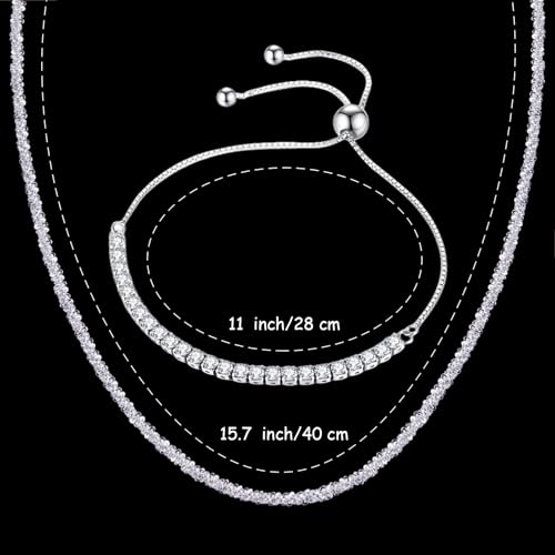 2pcs Tennis Silver Bracelet and Necklace Plated Platinum Diamond Delicate Adjustable Slider Bracelet Necklace Delicate Silver Necklace Choker Sparkle Jewelry Fashion Set for Women4