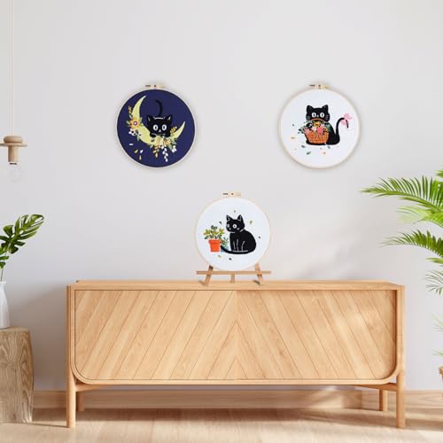 Image of EOBTAIN 3 Pcs Black Cat Embroidery Kit for Beginners, Animal with Floral Embroidery Kits for Adults,Flower Embroidery Starter Kit with Pattern,Hoop,Thread,Needles,Hand DIY Craft Kits for Adults