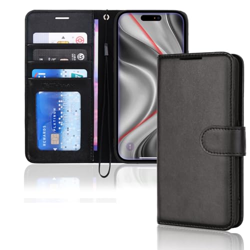 Image of TECHGEAR iPhone 17 Pro Leather Wallet Case with RFID Blocking, Flip Cover with Card Holder, Kickstand, Wrist Strap, Magnetic Closure - Black PU Leather for iPhone 17 Pro 6.3"