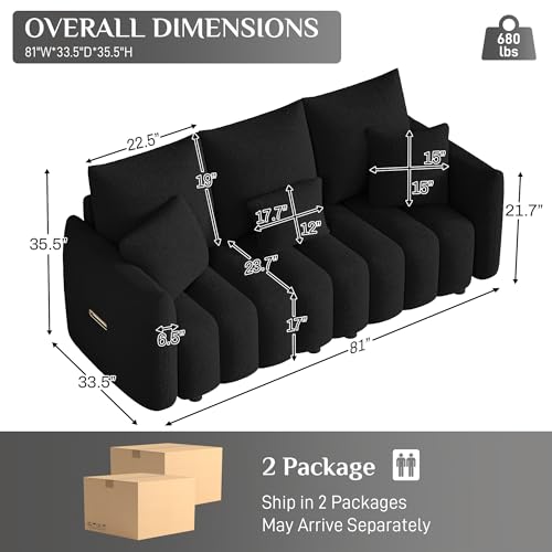 Image of OUYESSIR 81 inch Modern Sofa Couch, Comfy Upholstered Teddy Deep Seat Boucle Sofa, Modern 3-Seater Cloud Couch, Oversized Loveseat for Living Room Office Apartment, Black