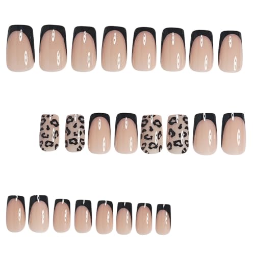 Image of Black french tip Press on Nails Leopard Print Nail Press ons Medium Square Fake Nails with Design Glossy Full Cover Glue on Nail Artificial Acrylic Stick on Nail foe Women Girls Manicure 24Pcs