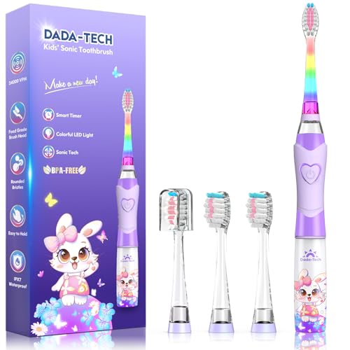 Kids Electric Toothbrush 3-5-6-12, Toddler Toothbrush Girls Electric Toothbrush with Timer Rainbow LED Light Up Sonic Battery Powered Junior Childrens Electric Tooth Brush (Purple Rabbit)